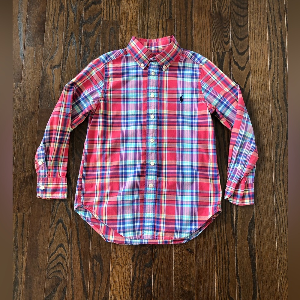 Polo Ralph Lauren Boys 8 Pink/Red/Blue Plaid Button Down Collared Shirt - EUC!